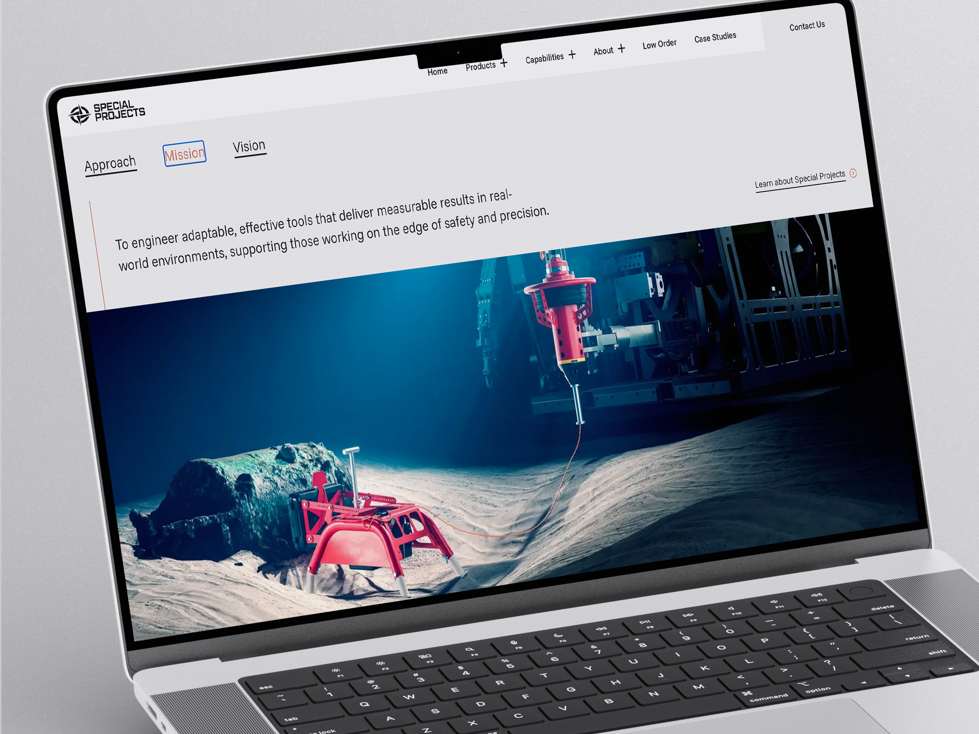 Special Projects website on a laptop: subsea engineering page