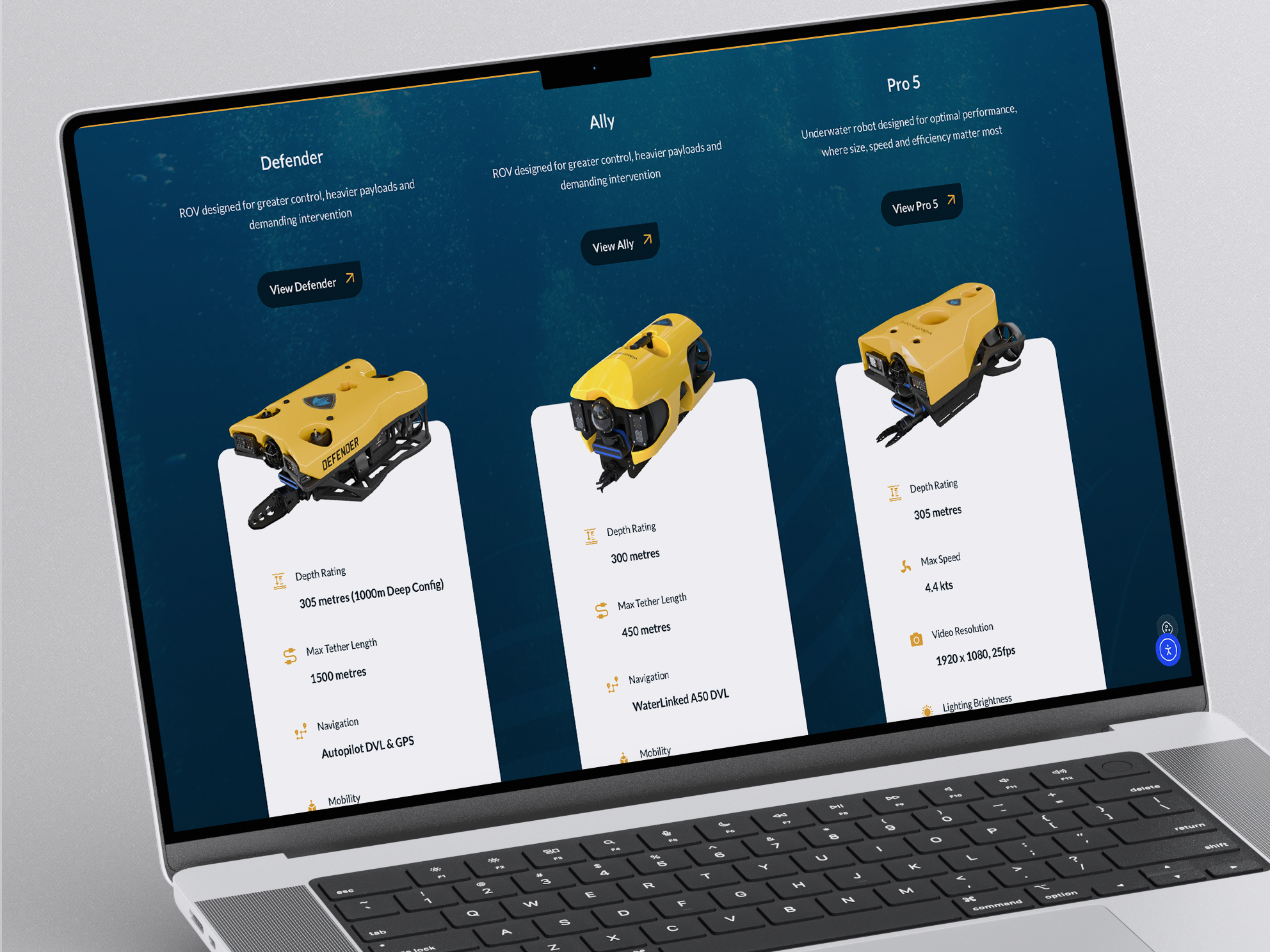 Atlantas Marine website ROV range page on a laptop