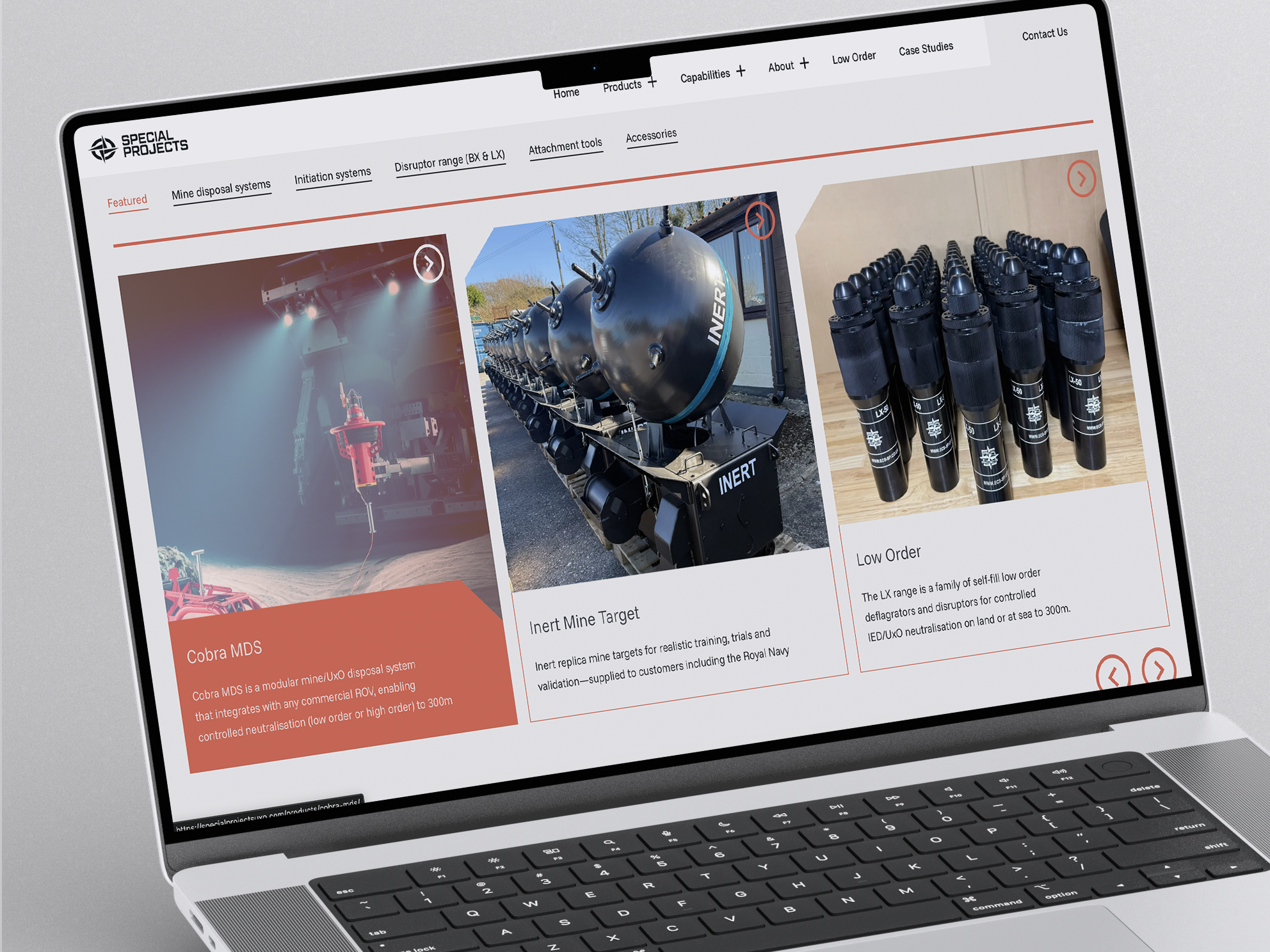 Special Projects website on a laptop: product range page