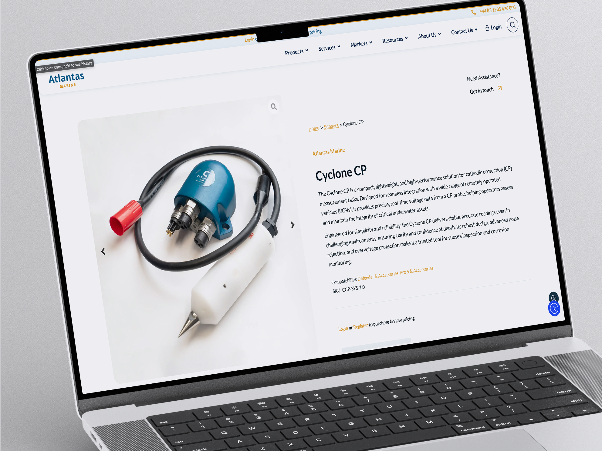 Atlantas Marine website product page for the Cyclone CP probe on a laptop