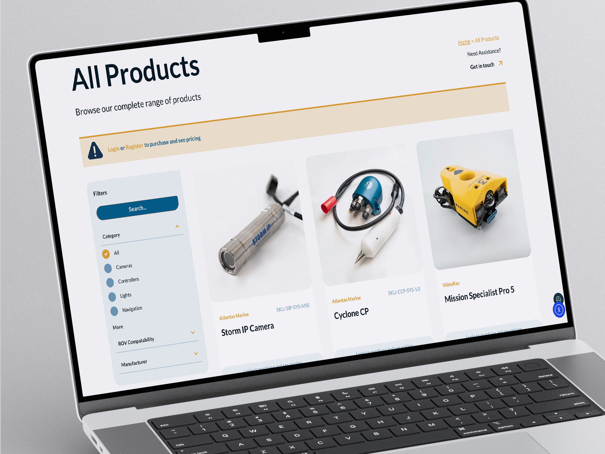 Atlantas Marine online shop product page on a laptop