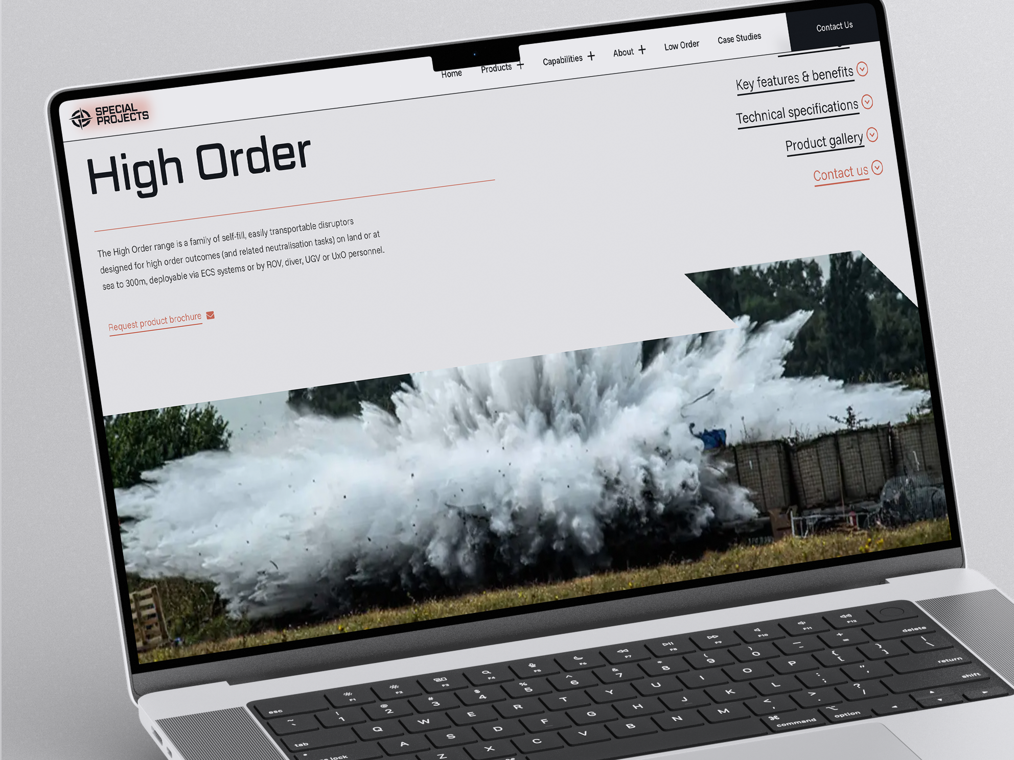 Special Projects website on a laptop: high order detonation page