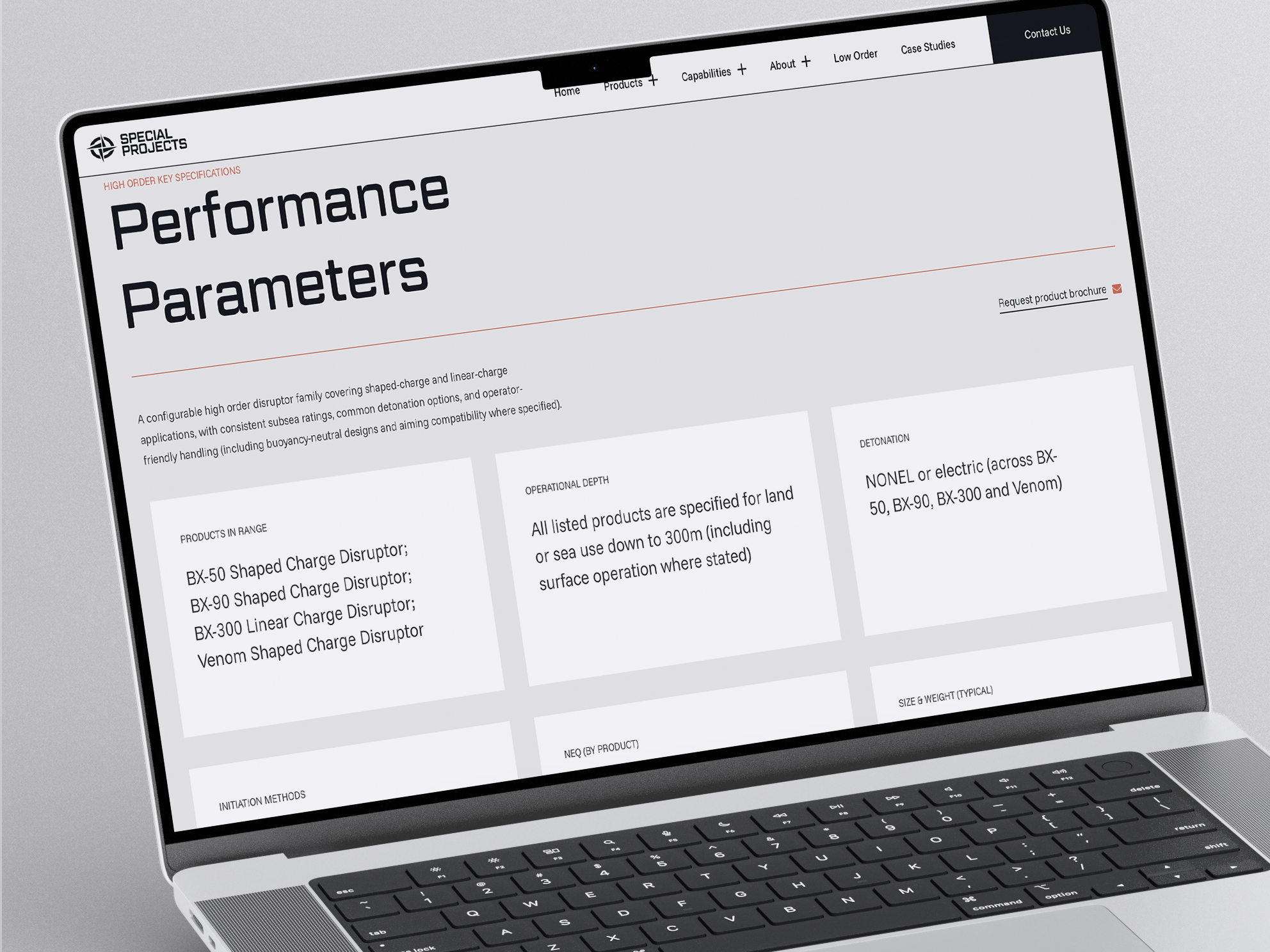 Special Projects website on a laptop: performance parameters page