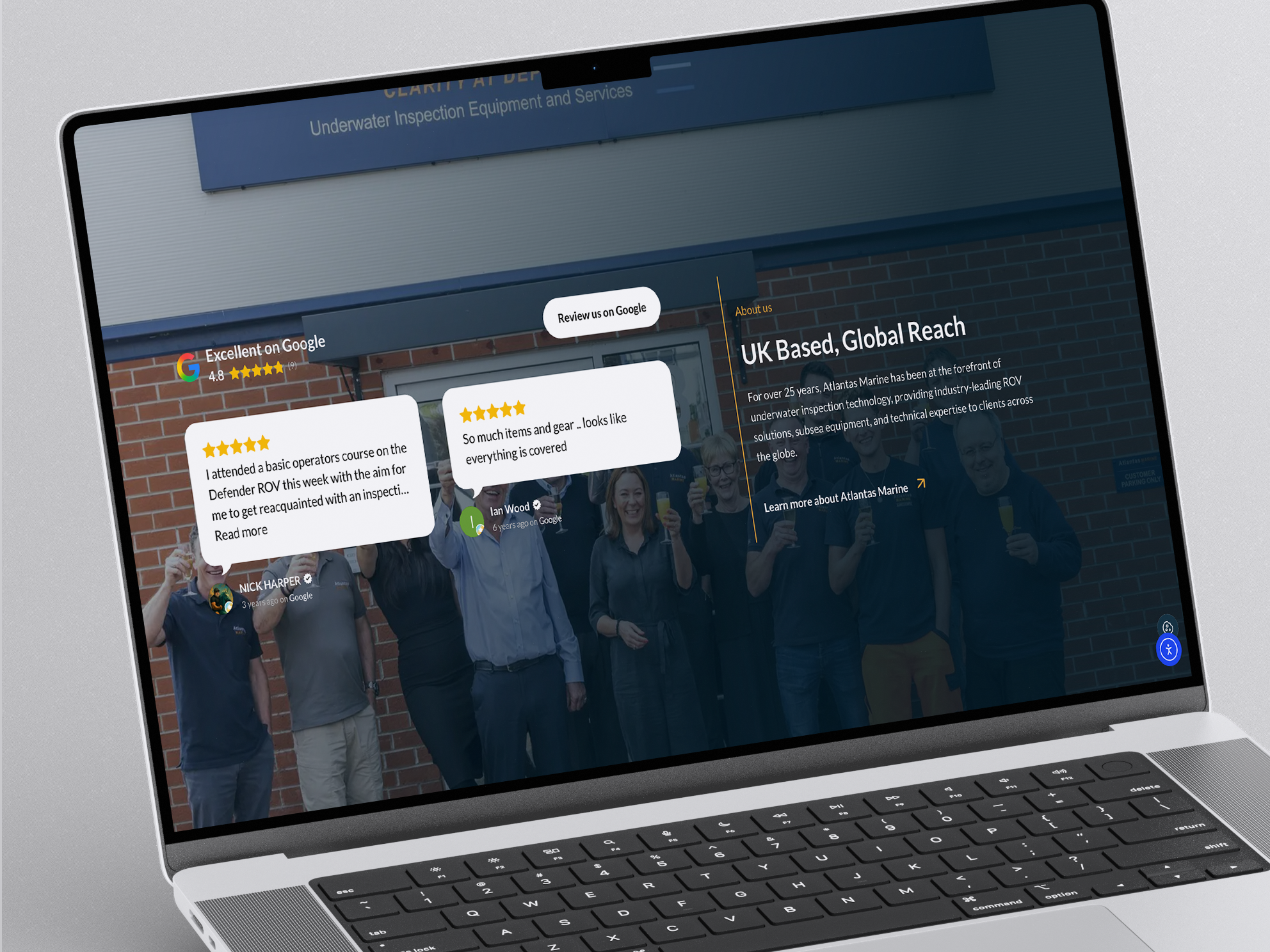 Atlantas Marine website reviews section on a laptop