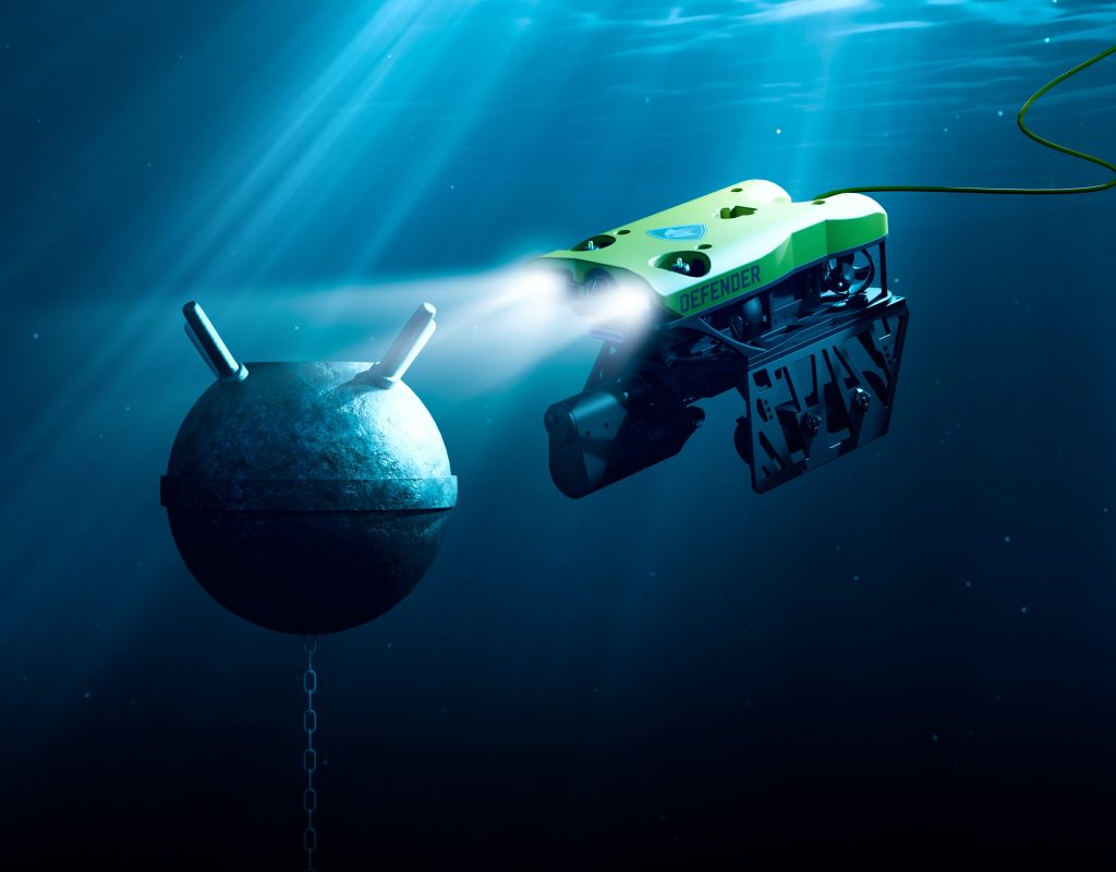 3D render of an underwater vehicle approaching a sea mine