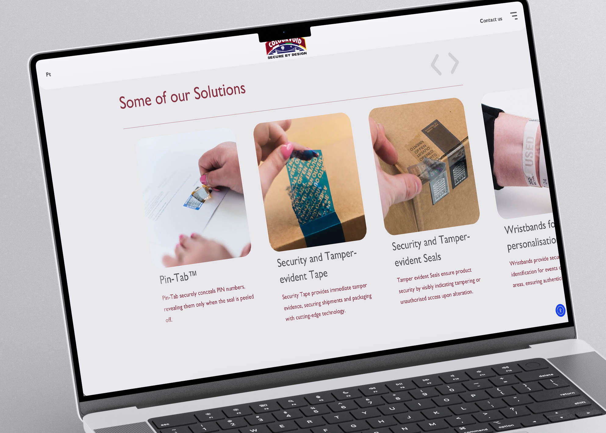 Security products website solutions page on a laptop