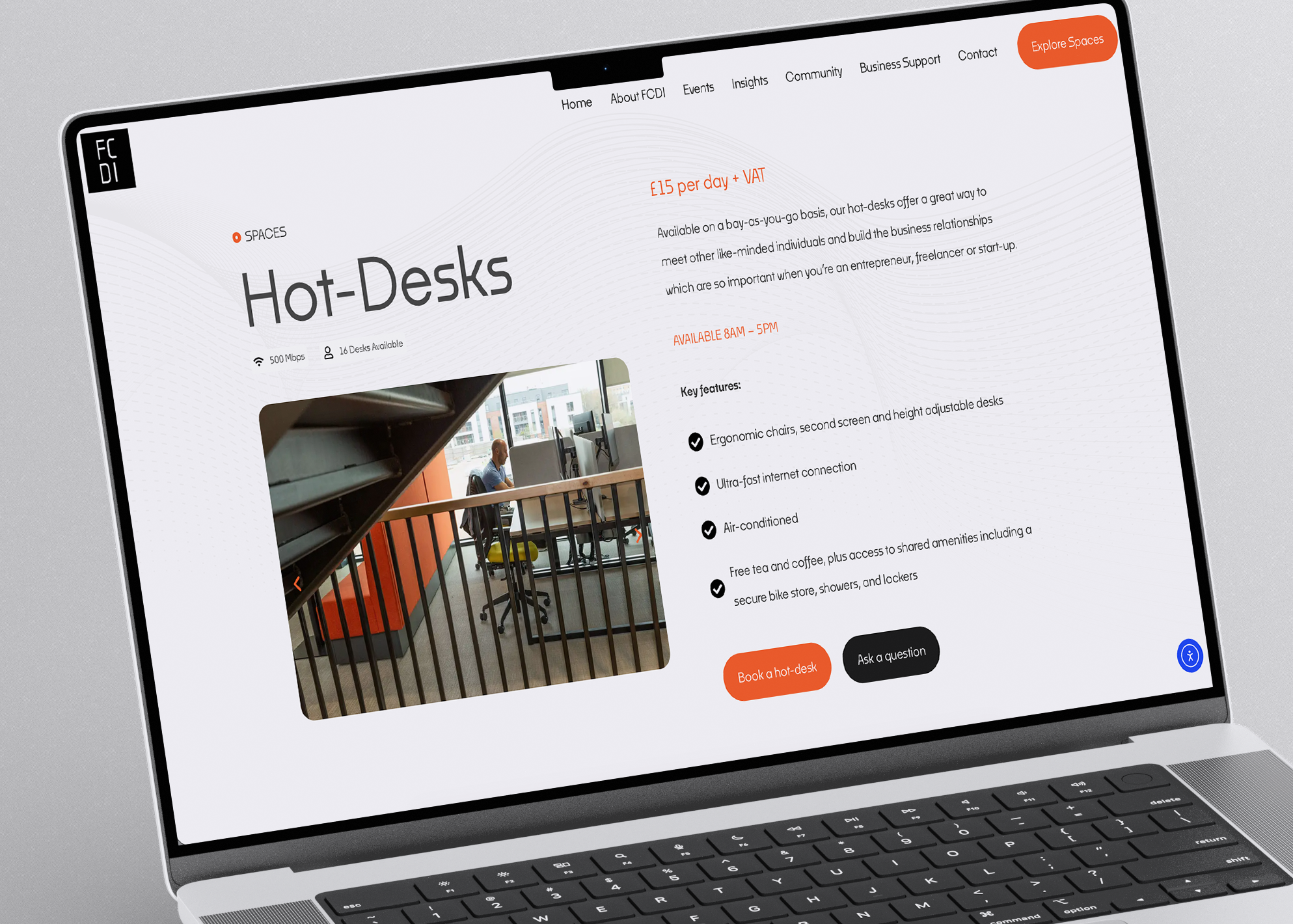 Firepool website hot desks page on a laptop
