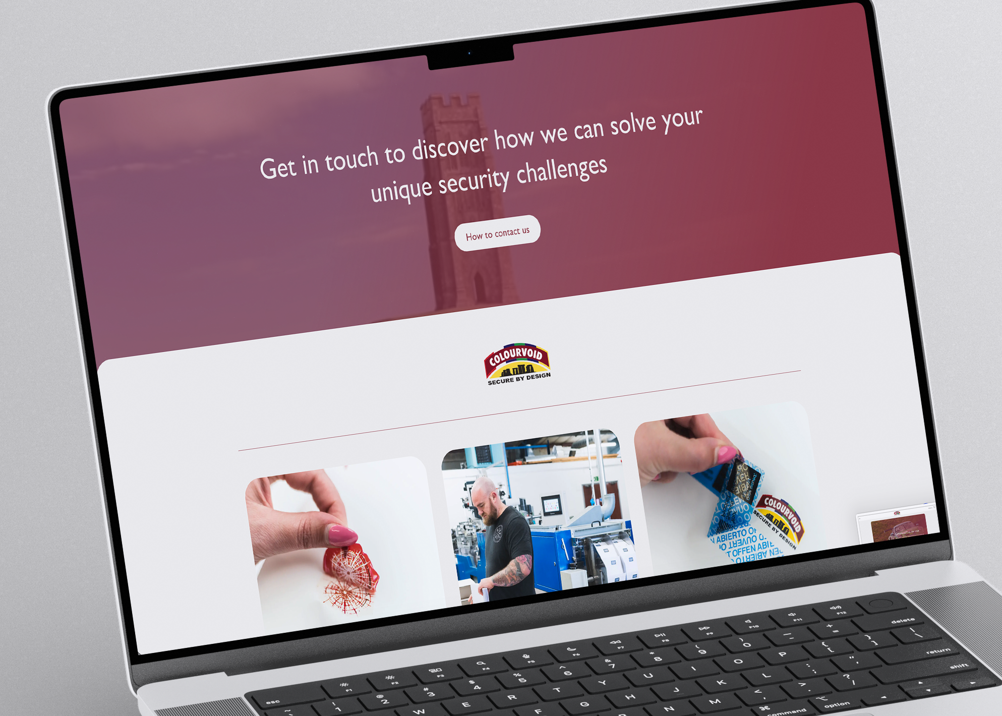 Security products website contact section on a laptop