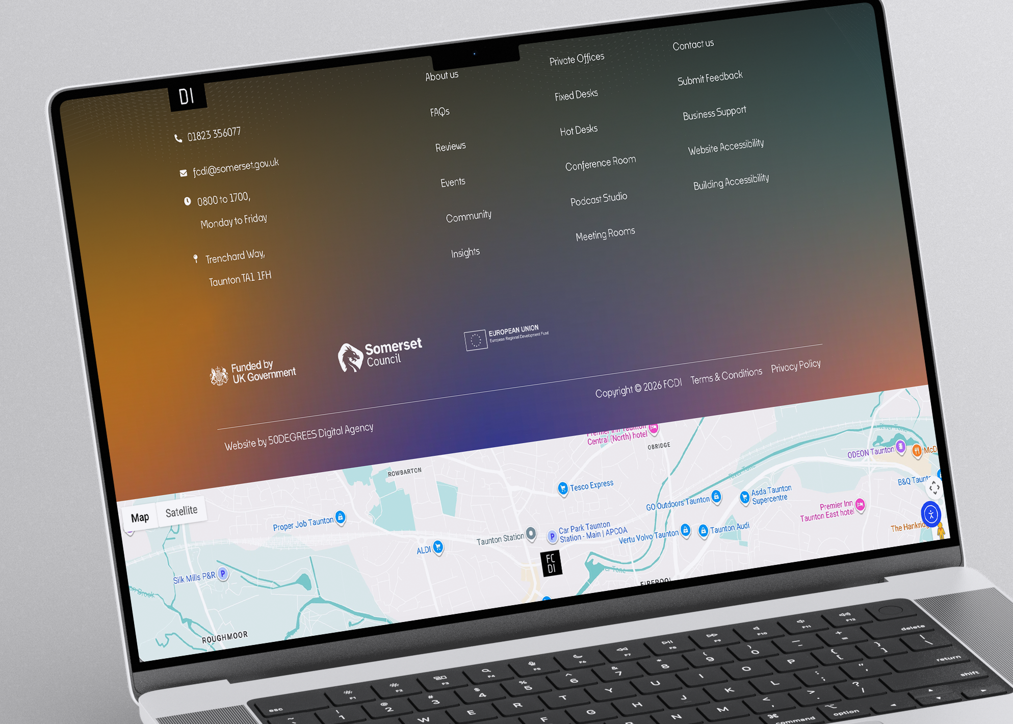 Firepool website footer and map on a laptop